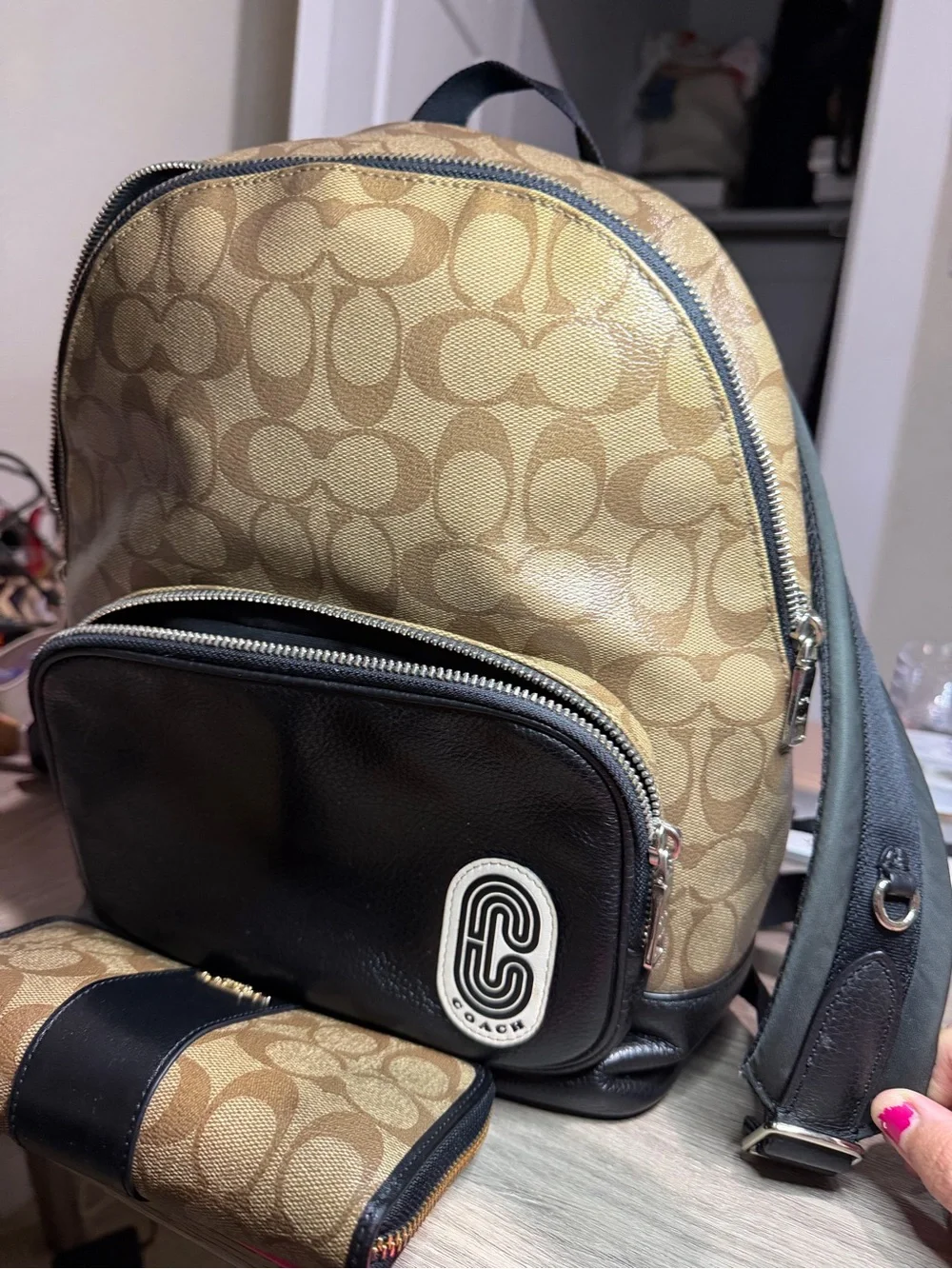 Coach Tan Signature Canvas Backpack with Black Leather and includes wallet